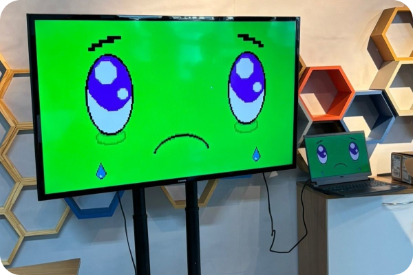 A foto mostra uma televisão exibindo um teste com a imagem do rostinho de Chico, que apresenta uma expressão triste. Ao lado, em foco, um notebook exibe a mesma imagem.