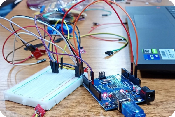 Na foto, diversos fios estão ligados a um Raspberry Pi, destacando a conexão entre os componentes.